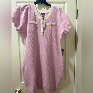 NWT PINK Express puff sleeve button sweater dress size XL  pink white details